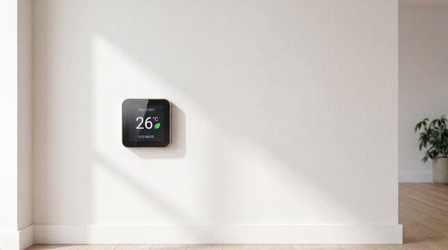 Vector concept of a smart home thermostat on a wall displaying eco mode temperature of 26 degrees