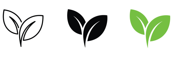 Two leaves icon with green eco logo design, nature organic isolated illustration for vegetarian and vegan product branding. © Sidratul Muntaha