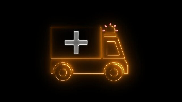 An animated neon ambulance icon with a medical cross. Represents emergency medical services, swift healthcare, first aid and hospital transport.