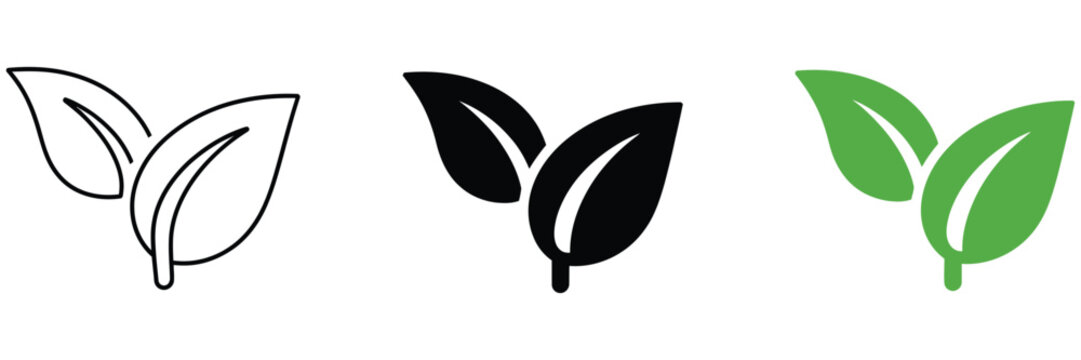 Two leaves icon with green eco logo design, nature organic isolated illustration for vegetarian and vegan product branding.