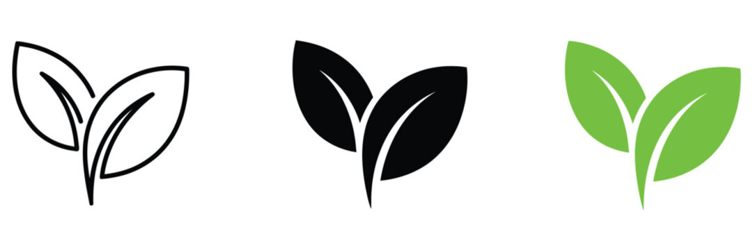 Two leaves icon with green eco logo design, nature organic isolated illustration for vegetarian and vegan product branding.
