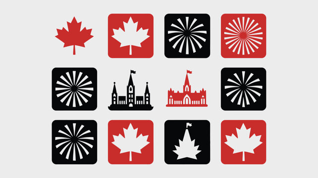 Canada day icon set featuring maple leaves fireworks parliament buildings and beavers designs.