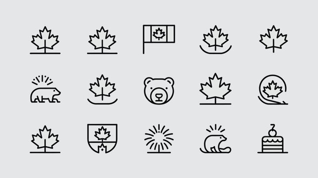 Collection of thin line icons for canada featuring maple leaves wildlife and landmarks art.