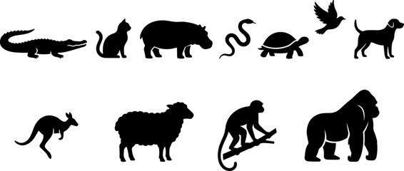 Fototapeta premium Animal Silhouette Collection Featuring Crocodile Cat Hippopotamus Snake Turtle Bird Dog Gorilla Kangaroo and Sheep Vector Set