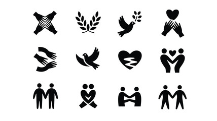 Fototapeta premium Set of fifteen icons representing unity heart shapes doves and collaborative connection.