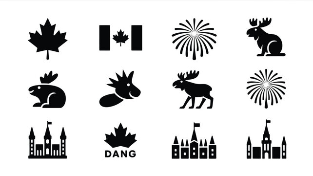 Canada themed icon set with maple leaf flag moose fireworks and parliament buildings art.
