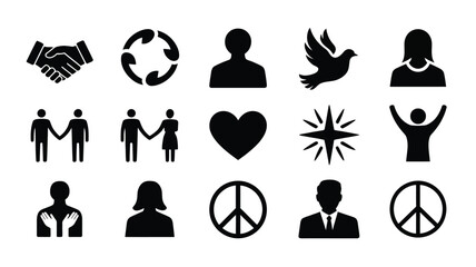 Obraz premium Set of black icons representing human relationships community building and peaceful symbols.