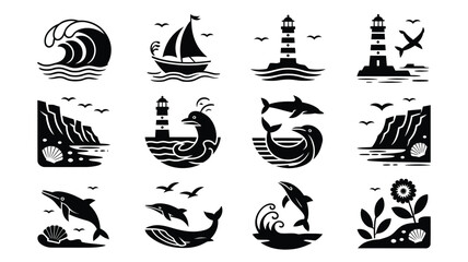 Obraz premium Coastal life vector icon pack depicting marine animals lighthouse cliff and plants.