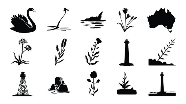 Compilation of silhouettes featuring natural elements including swans lighthouses and maps.
