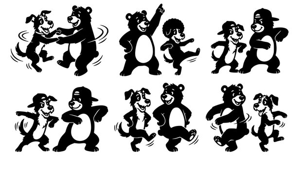 Funny dancing dog and bear vector illustration black and white animal dance silhouettes