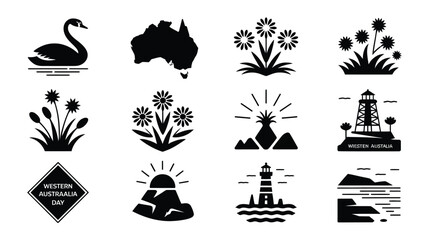 Collection of black vector icons with australian landscapes flowers lighthouses and swans. © Somiran