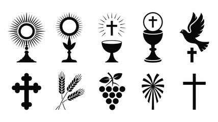 Fototapeta premium Set of monochrome religious icons featuring crosses chalices monstrance and wheat symbols.