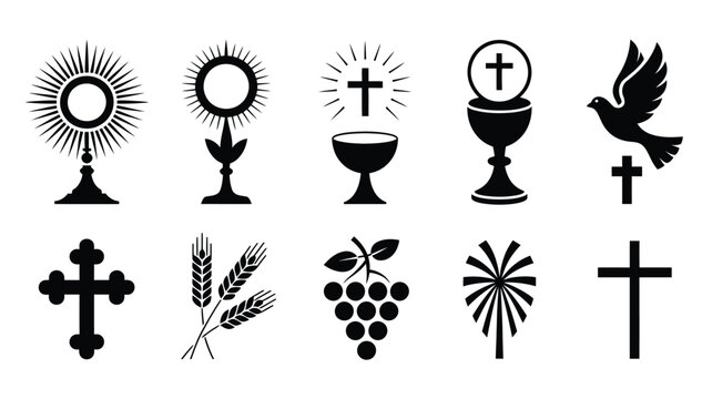 Set of monochrome religious icons featuring crosses chalices monstrance and wheat symbols.