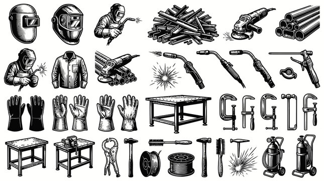 Welding Equipment  Tools Black and White Line Art Vector Set