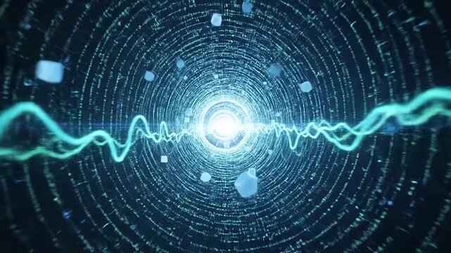 Abstract digital tunnel with glowing light and data flowing through