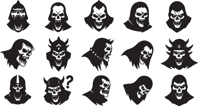 Collection of fifteen black and white skull silhouettes featuring hooded grim reapers, armored demonic heads, and skeletal figures with aggressive expressions on a white background.