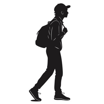 Young man walks with a backpack while wearing a baseball cap in a casual urban style set.