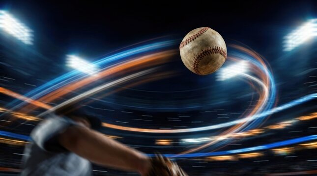 A baseball is in mid-flight, blurred by motion, against a dark stadium background illuminated by bright stadium lights. A baseball player is blurred in the background, appearing to throw the ball.