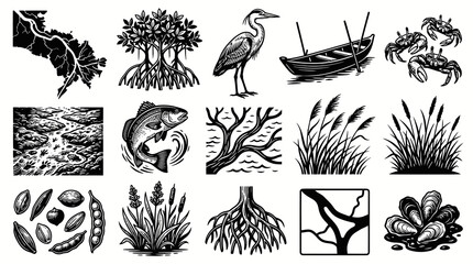 Fototapeta premium Wetland Ecosystem Engraving Style Vector Set: Black and White Icons of Mangrove, Heron, Crabs, Fish, and Aquatic Plants