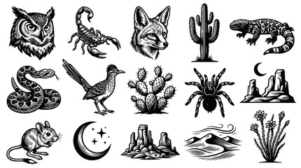 Fototapeta premium Desert Wildlife Landscape Icons - Black and White Line Art Vector Set