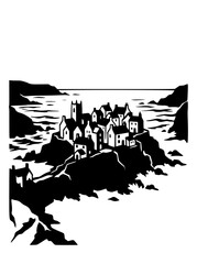 Obraz premium Black and White Linocut Style Illustration of a Coastal Village on a Rocky Cliff