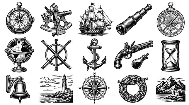Vintage Nautical Icons Set: Compass, Ship, Telescope, Anchor, Pistol, Hourglass, Globe