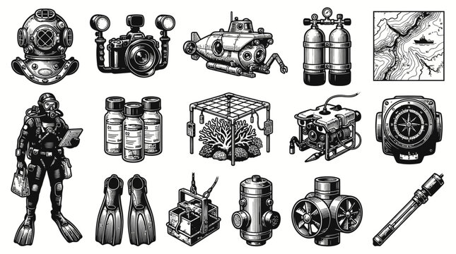 Black  White Engraving Style Underwater Exploration and Scuba Diving Marine Research Equipment Icons