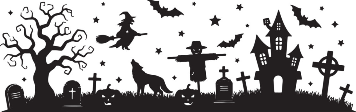 Black silhouette Halloween banner with haunted house, flying witch, howling wolf, scarecrow, pumpkins, spooky tree, and graveyard tombstones against white background with stars and bats.