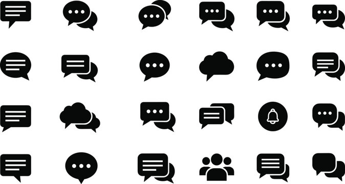 Chat Bubble and Message Icon Set with Speech, Dialog, Discussion, Notification Bell, and Team Communication Symbols for Web and Mobile Apps