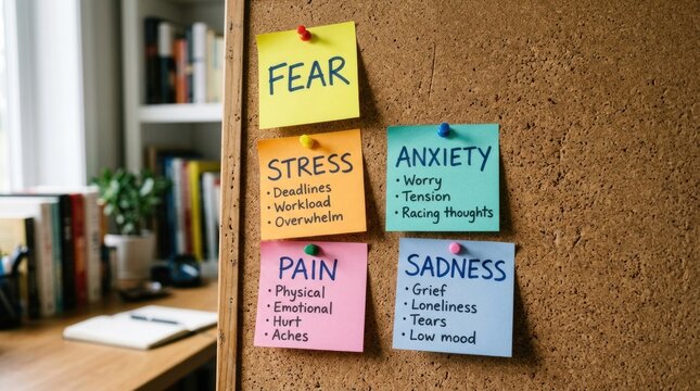 A corkboard displays a collection of yellow sticky notes, each labeled with a different emotion. The notes read 'FEAR', 'STRESS', 'ANXIETY', 'PAIN', and 'SADNESS'.