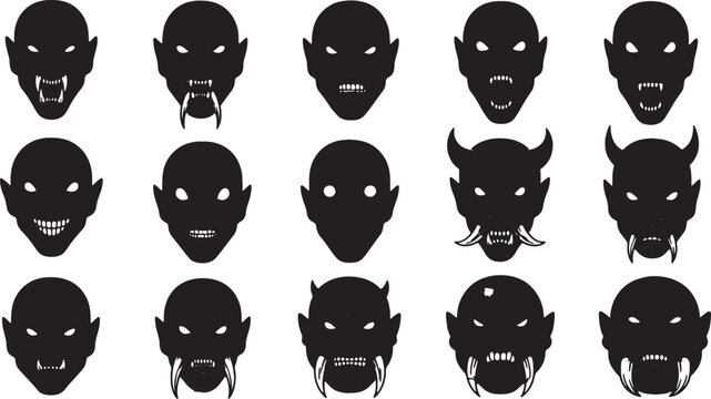 Collection of fifteen black silhouette heads of monsters, demons, and vampires featuring sharp fangs, tusks, and horns on a white background. Detailed horror fantasy character icons.