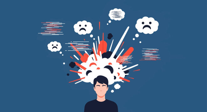 Man experiencing mental overload, stress, and anxiety with chaotic thoughts exploding from his head.