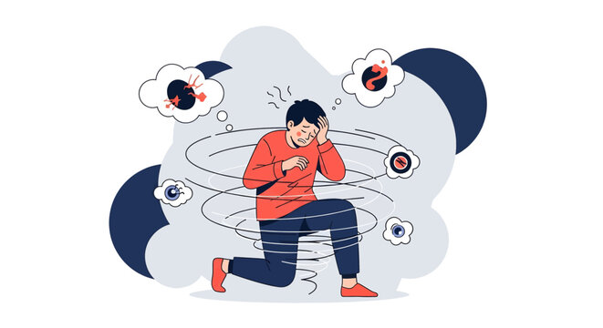 A man experiencing dizziness, vertigo, or a panic attack with swirling abstract thoughts and symbols around him.