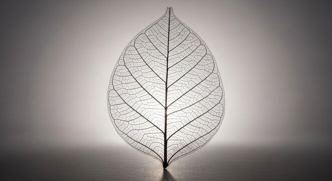 Delicate leaf skeleton illuminated showcasing intricate natural detail against white background