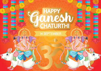 Fototapeta premium Vibrant Ganesh Chaturthi Greeting Card with Hindu Deity and Traditional Decorations