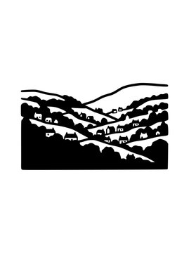 Minimalist black and white linocut illustration of a hilly village landscape
