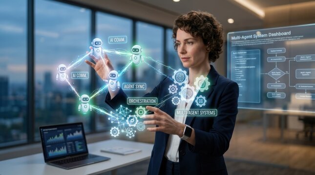 A professional woman oversees a multi-agent system dashboard. She is interacting with a holographic display showing interconnected robots and data visualizations.