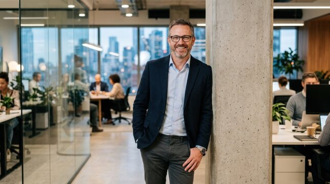 A middle-aged man stands confidently against a concrete pillar in a modern office space. He wears a navy blazer, a light blue button-down shirt, and gray pants.