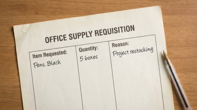 Office Requisition Form on Wooden Desk with Pencil.