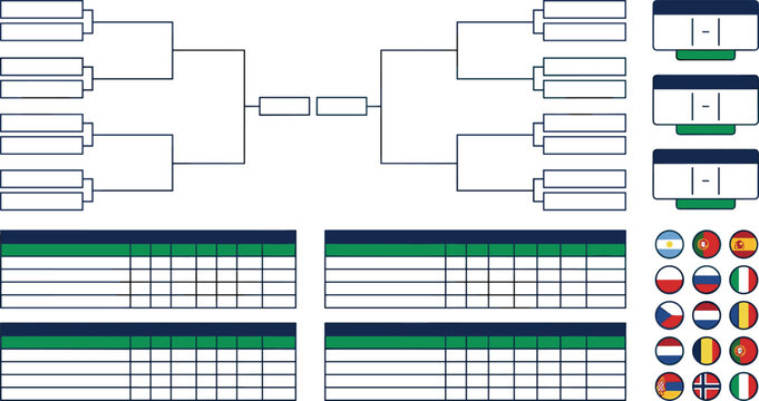 Tournament Bracket Infographic Board with Group Tables Scoreboards and European International Team Flag Icons for Football Championship Planning