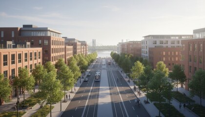 Obraz premium Sunlit Urban Street Along Tree Lined Boulevard With Modern Buildings.