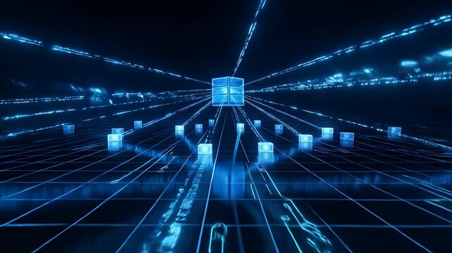 Server cube hosting, cloud storage and digital network with blue light for information technology, big data and blockchain. Cyber security, infrastructure and computing with glowing tech for web syst