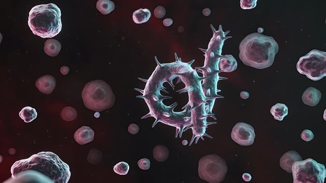 Parasite, microscopic worm and cells for medical research, biology education and infection study. Science, healthcare and illness with bacterium, virus and helminth in blood for disease analysis