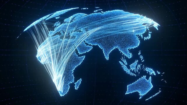 Global network map with digital data points for technology, international business and communication. World connection, cyber security and internet information with futuristic planet for growth.