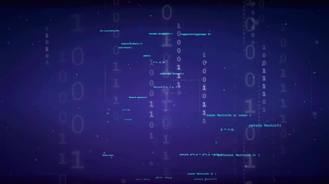Abstract Digital Data Stream with Binary Code and Programming Scripts on Dark Blue Background