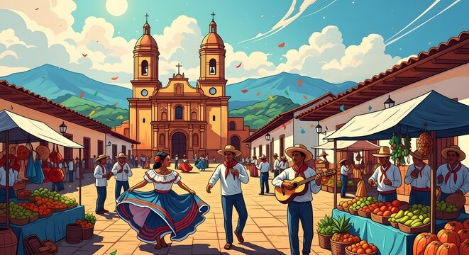 A vibrant cartoon illustration of a festive Latin American town square with people dancing, playing music, and market stalls in front of a grand church and mountains.