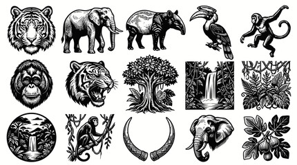 Fototapeta premium Black and White Vector Icons of Jungle Animals and Nature Scenes