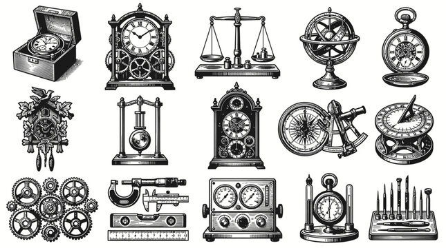 Vintage Timekeeping Devices  Scientific Instruments, Black  White Line Art