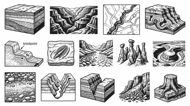 Geology Earth Science Black  White Line Art Illustrations: Formations, Erosion, Rivers, Canyons, Fossils