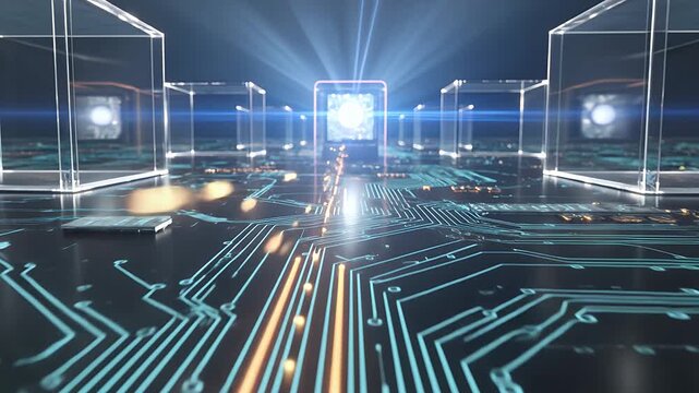 Digital circuit board, AI technology and future hardware with glowing lines for data processing. Motherboard, glass cube and cloud computing with internet speed, cyber security and server room info.